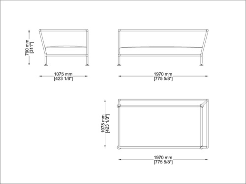 Coro Nest 90 Sofa 1970 x 1075 x 790 mm mit Stabrücken abnehmbarer Stoffbezug Rahmen Edelstahl satiniert links ohne Armlehne