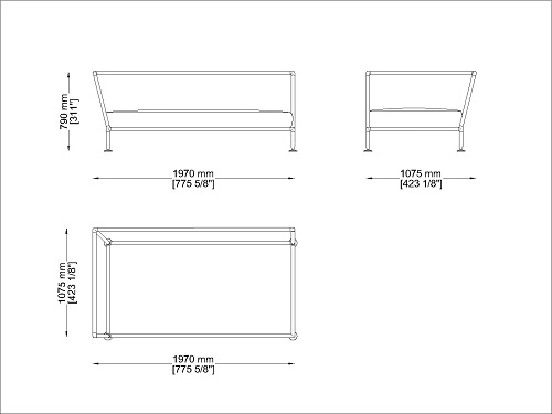 Coro Nest 90 Sofa 1970 x 1075 x 790 mm mit Stabrücken abnehmbarer Stoffbezug Rahmen Edelstahl satiniert rechts ohne Armlehne