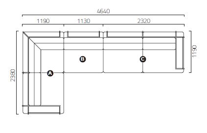 Coro Sabal Eckkombination 2380 x 4640 x 1190 mm abnehmbarer Stoffbezug Rahmen Edelstahl satiniert mit Ablage