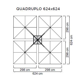 Ampelschirm mit Zentralmast Quadruplo quadratisch 624 x 624 cm Kurbelbedienung Bezug lt. Kollektion